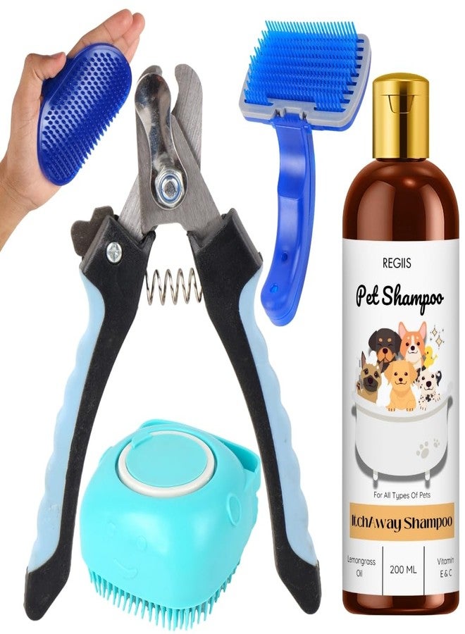 REGIIS Regis Pet Grooming Set with Itchaway Shampoo 200ml, Silicone Brush, Professional Dog Nail Clippers, Lemongrass and Vitamin E&C Formula(Pack of 5) - Image 1